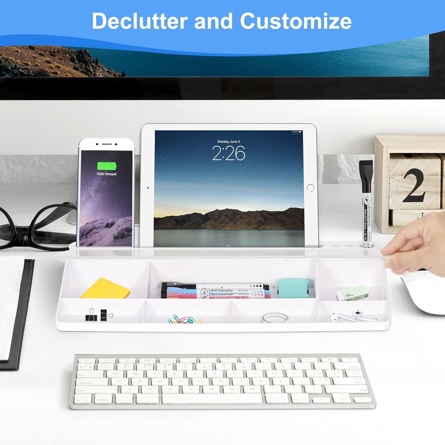 Storage Desk Board – Whiteboard with Hidden Desk Organizer & Device Slot