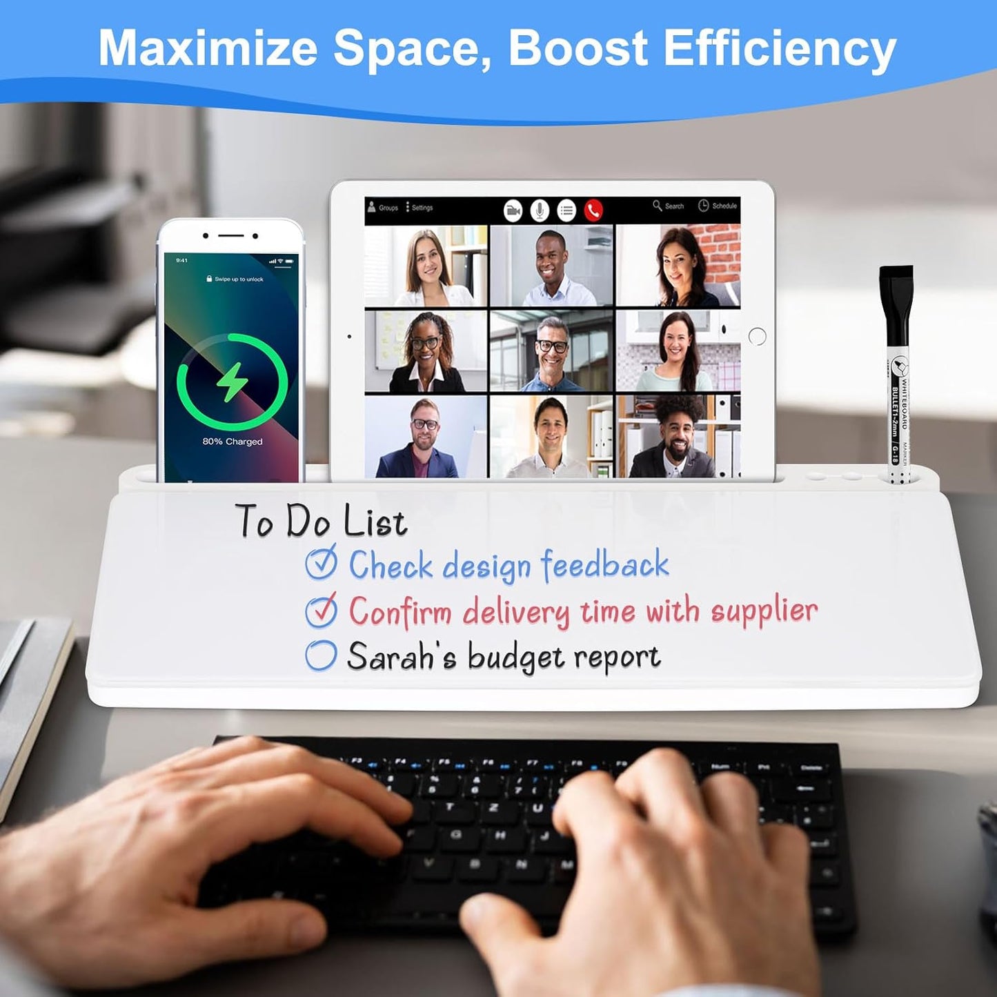 Storage Desk Board – Whiteboard with Hidden Desk Organizer & Device Slot