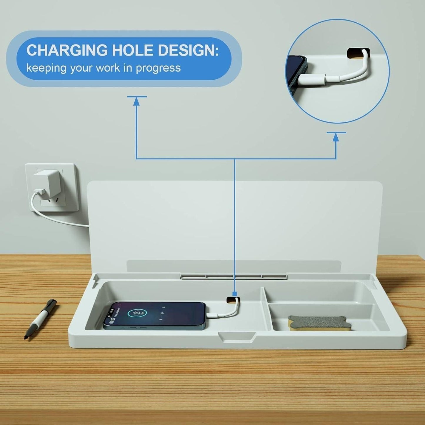 Storage Desk Board – Whiteboard with Hidden Desk Organizer & Device Slot