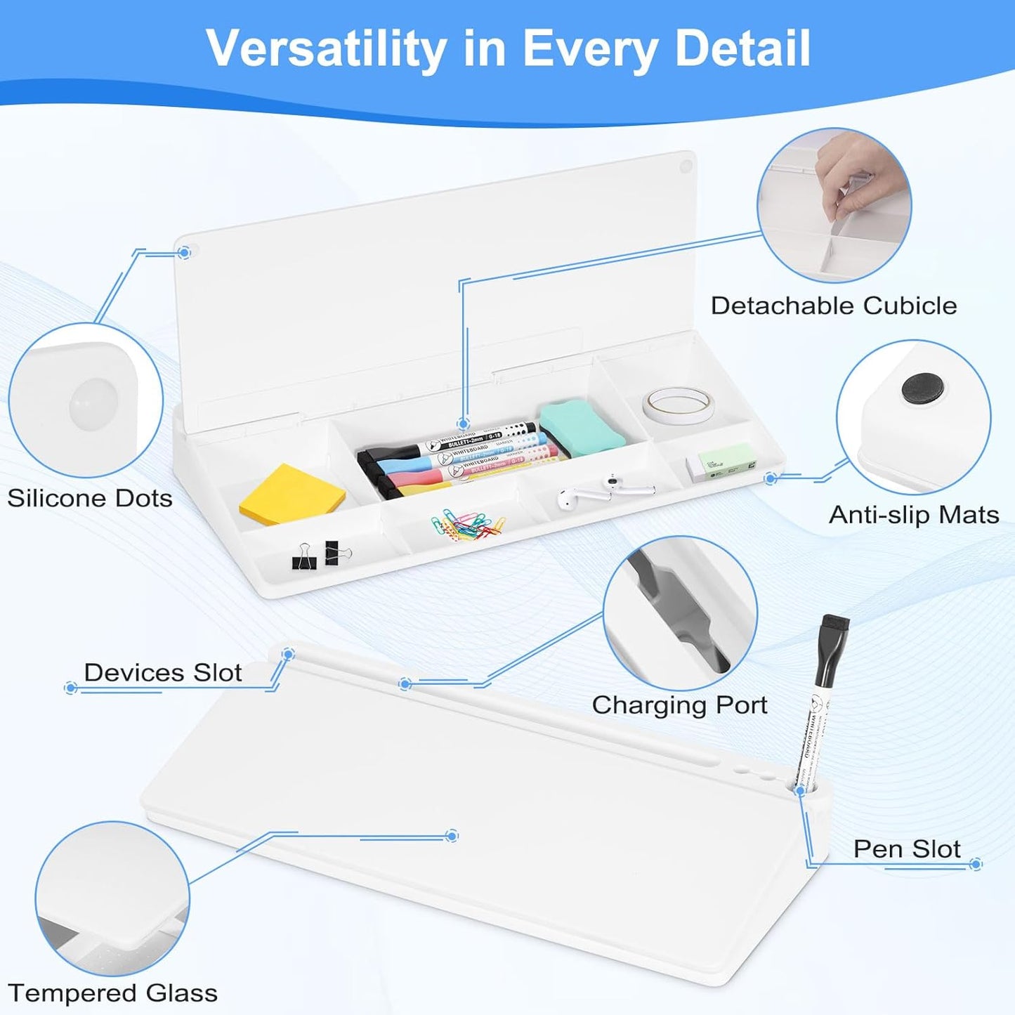 Storage Desk Board – Whiteboard with Hidden Desk Organizer & Device Slot