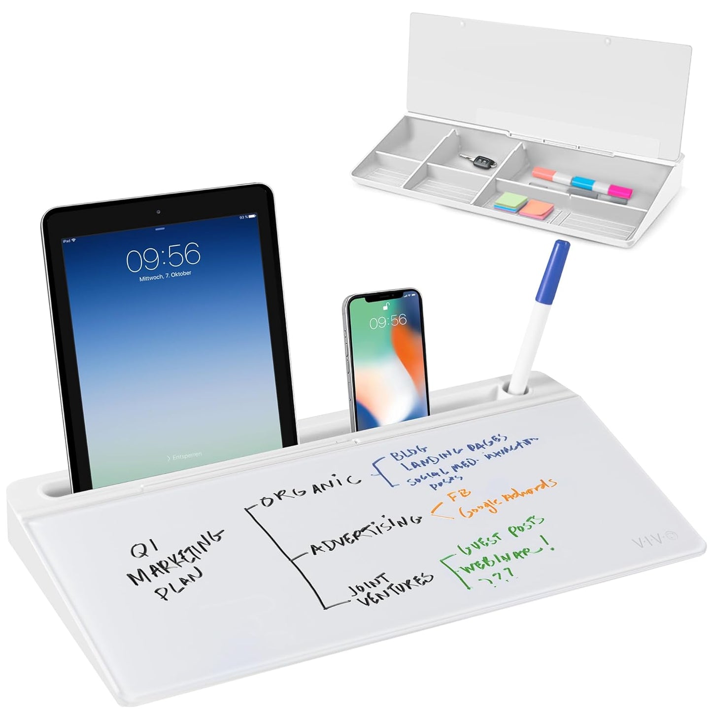 Storage Desk Board – Whiteboard with Hidden Desk Organizer & Device Slot